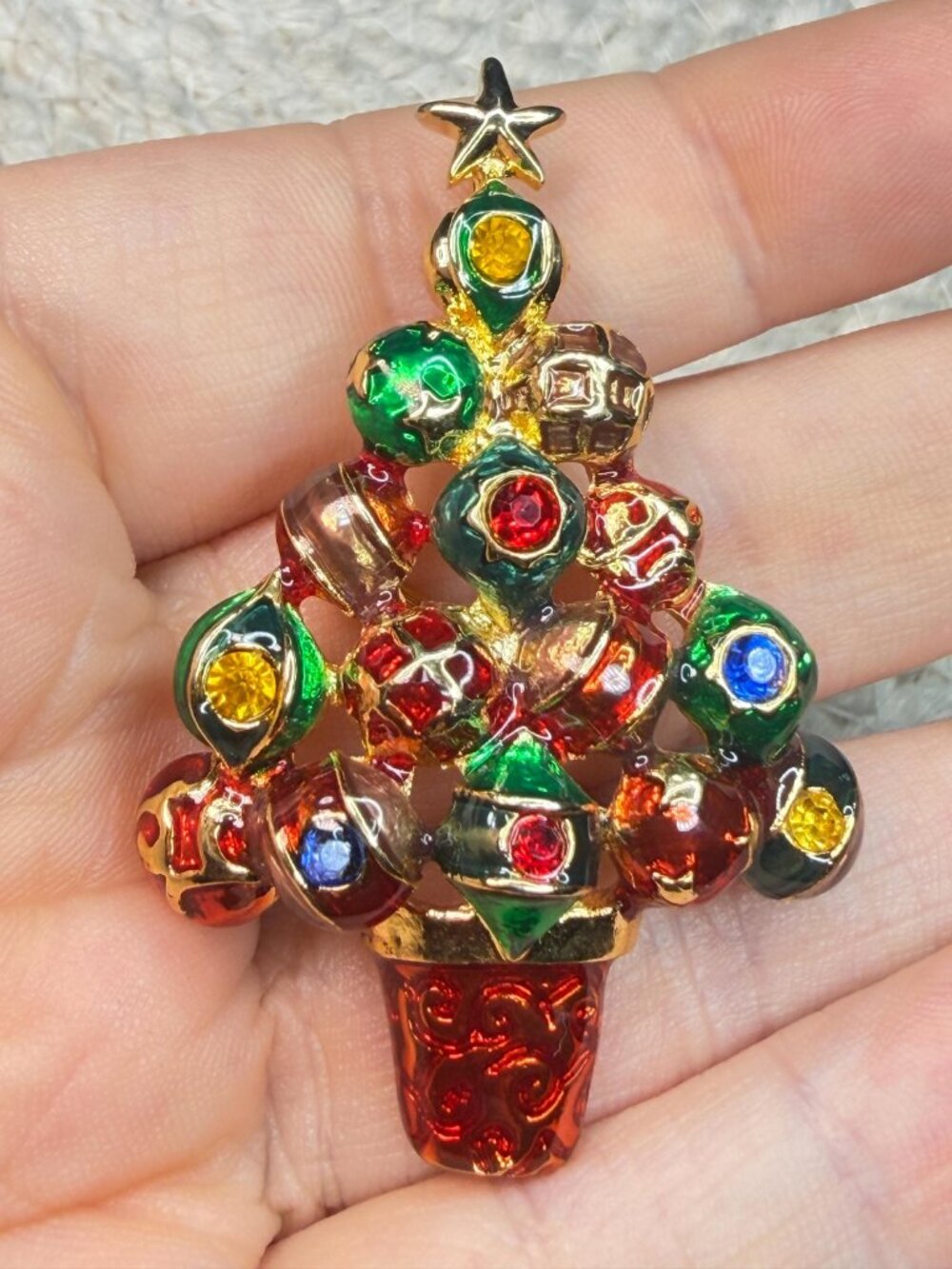 Christopher Radko Christmas Tree Brooch | Vintage Rhinestone Holiday Pin | 3D Co